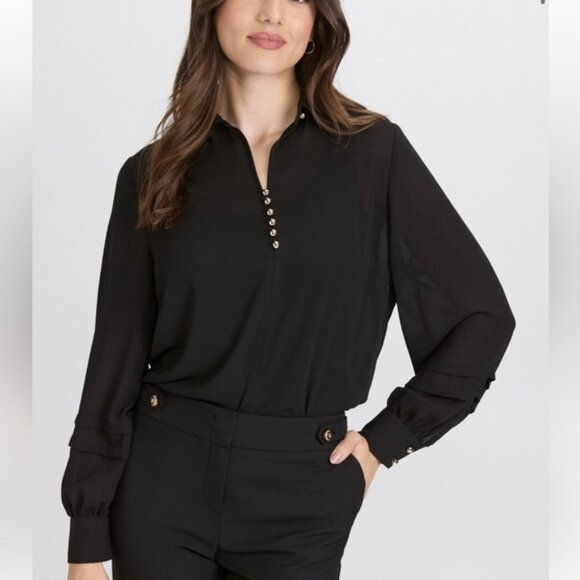 Laura #101300 Button Detail Long Sleeve Blouse Black - Picture 1 of 12